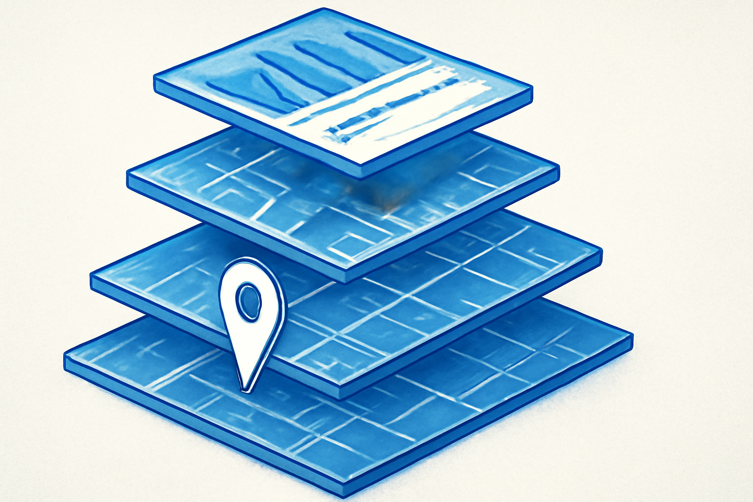 An abstract, exploded isometric view of multiple map layers separated in space, with fine details emphasized on certain layers, against a cool blue background.