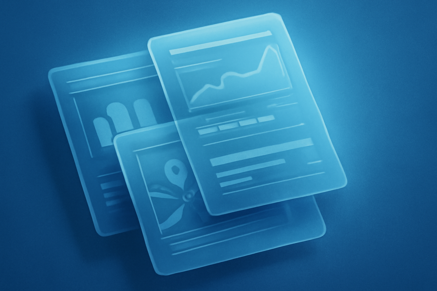 Several translucent, layered rectangular cards with soft glowing edges and shadows, suggesting digital interface elements or reports.
