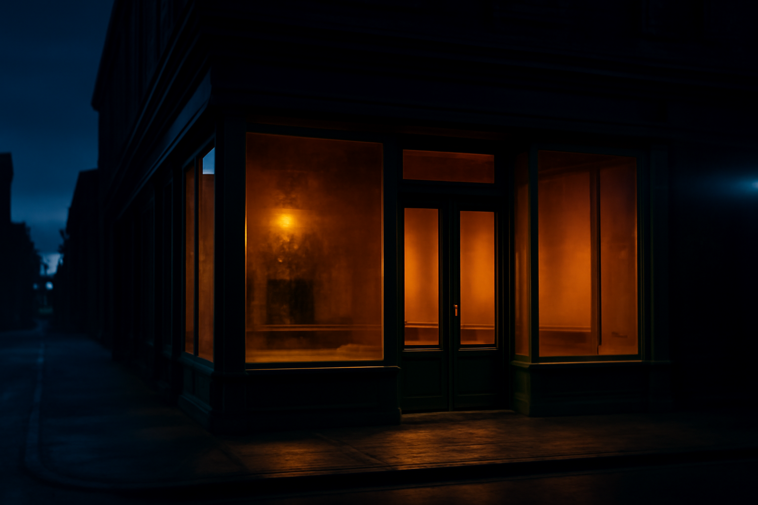 Cinematic wide exterior view of an empty urban storefront glowing with amber interior light against a deep sapphire evening street.