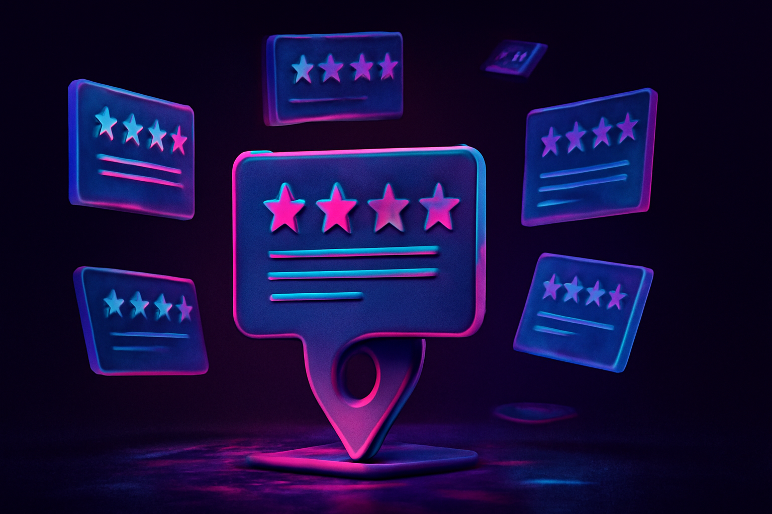 An exploded axonometric view of abstract glowing digital cards, some closely grouped and brightly lit at the top, others scattered and dimmer at lower levels.
