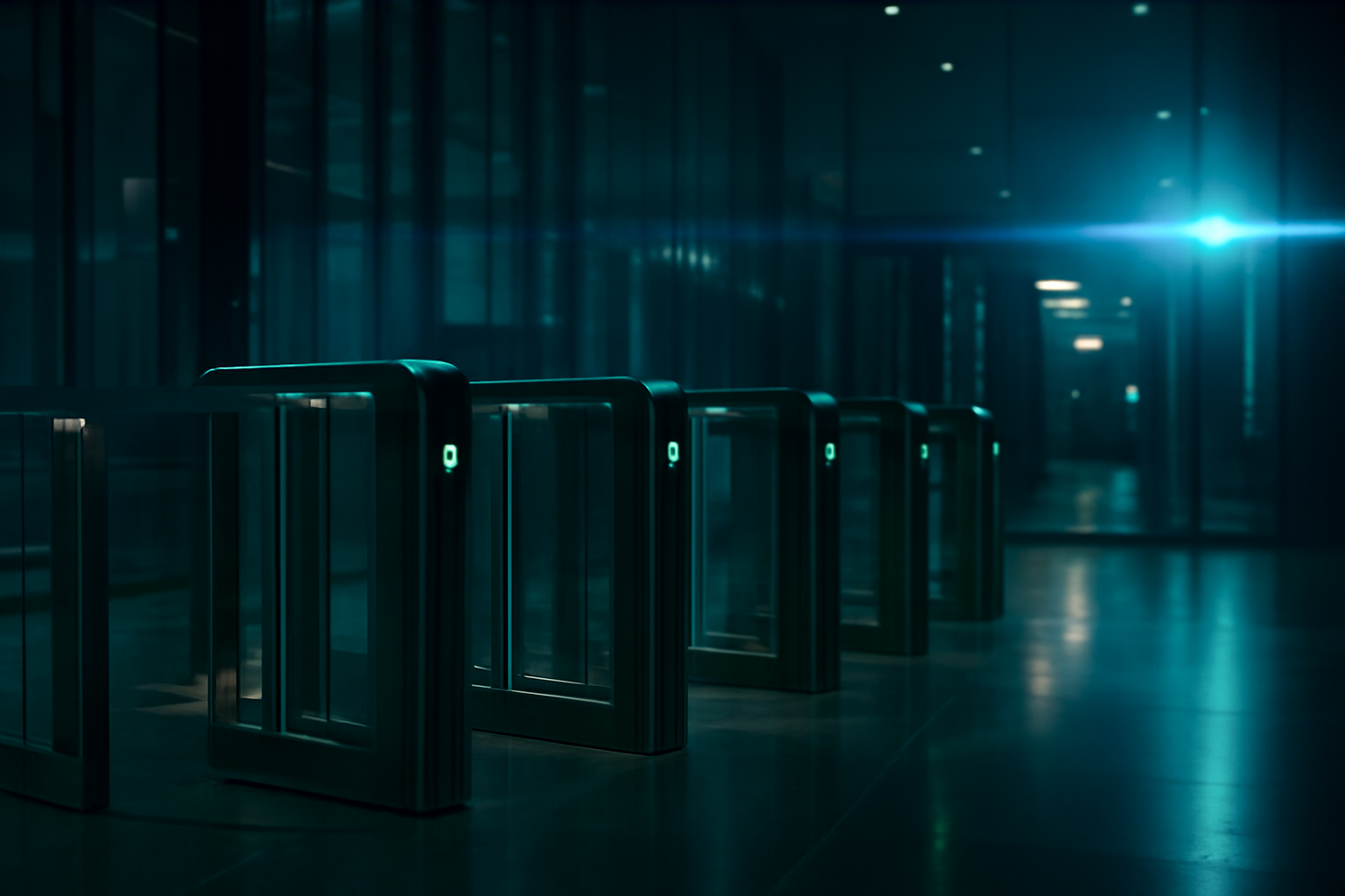 Row of sleek glass security turnstiles with subtle glowing indicator strips in a dimly lit, high-ceiling modern corporate atrium.