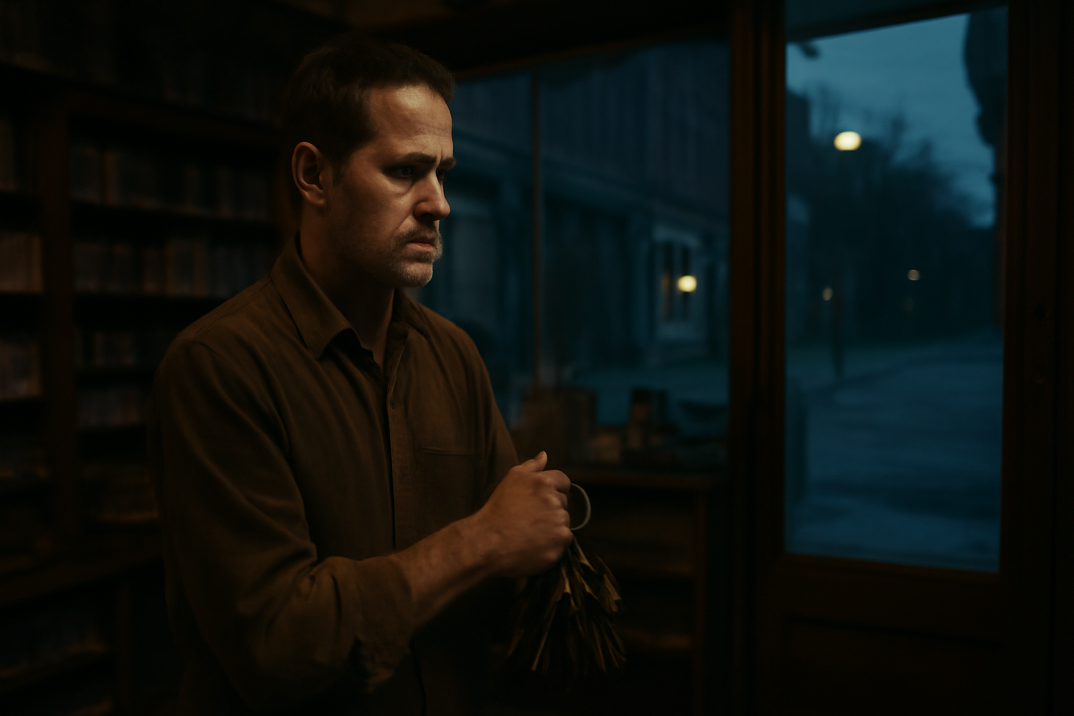 An independent shop owner holding a ring of brass keys inside a darkened storefront at dusk.