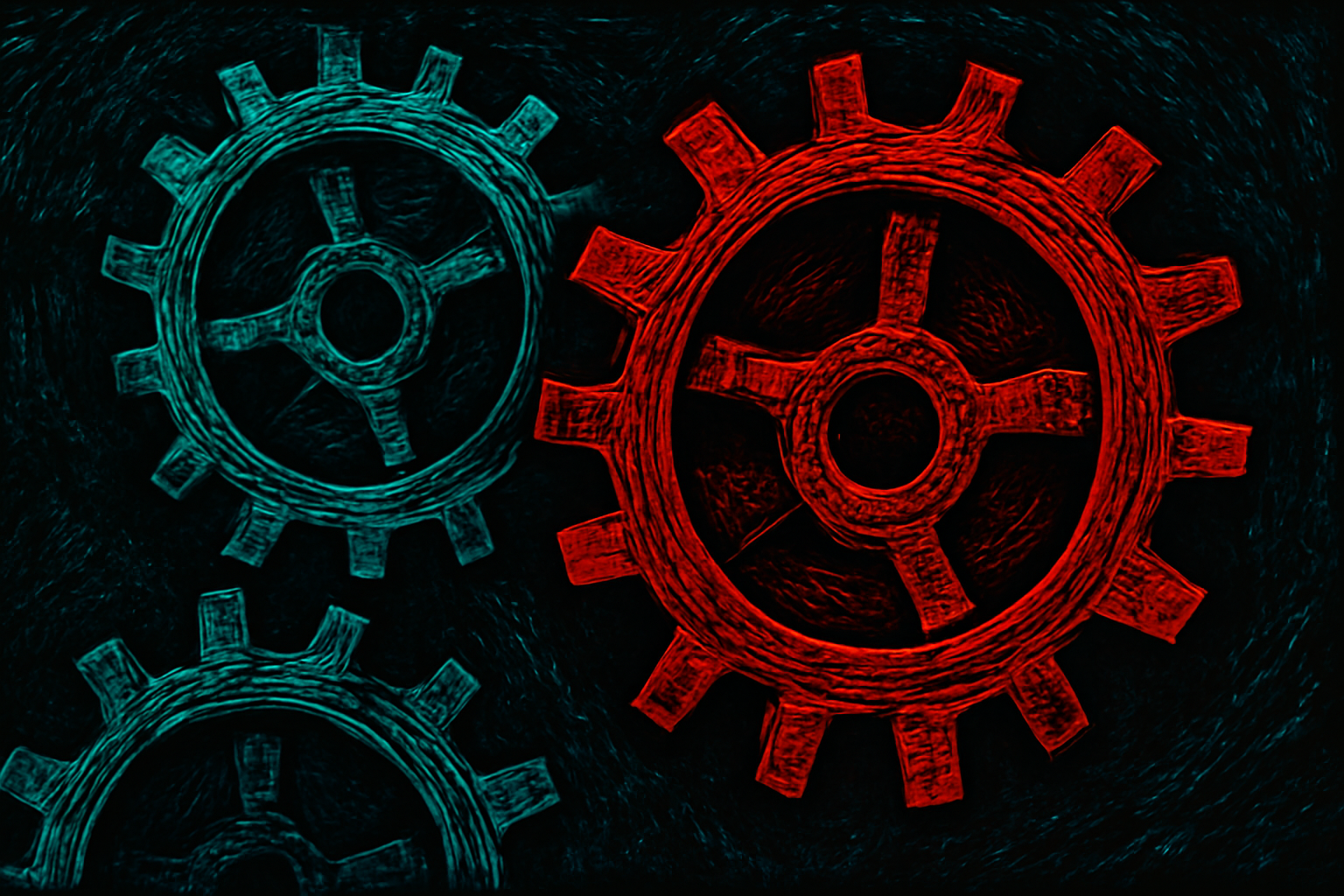 An illustration of deeply interlocked gears, some of which have broken or missing teeth, against a dark, richly colored background.