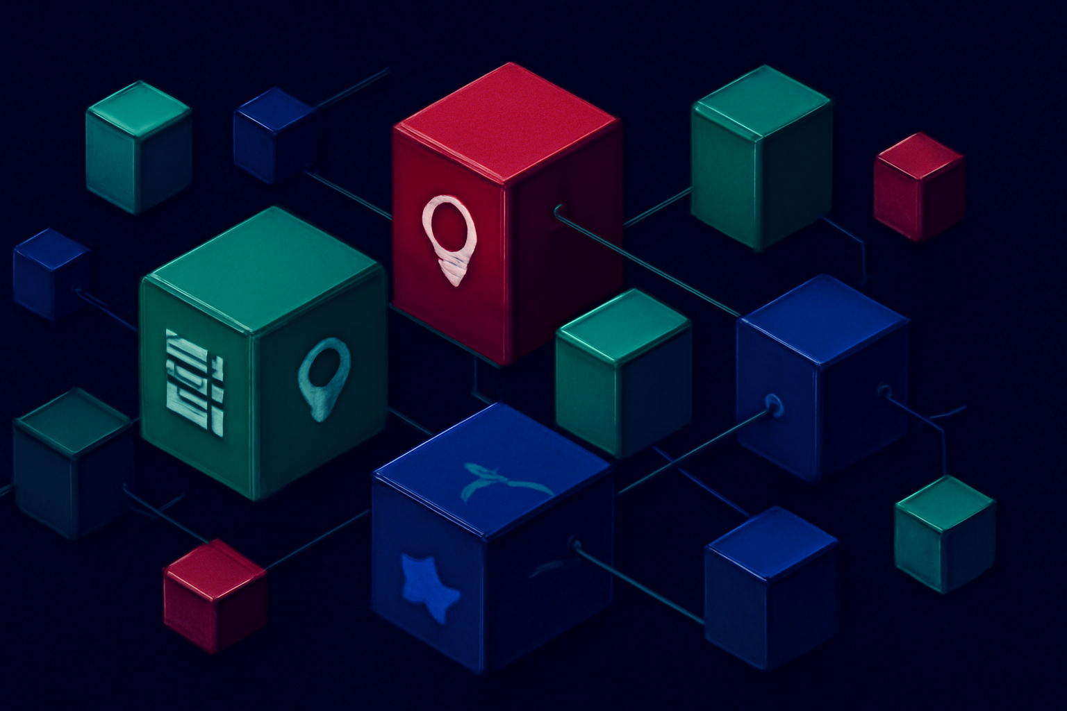 An isometric diagram illustration of several interconnected, shifting geometric blocks in deep jewel tones, representing different services.