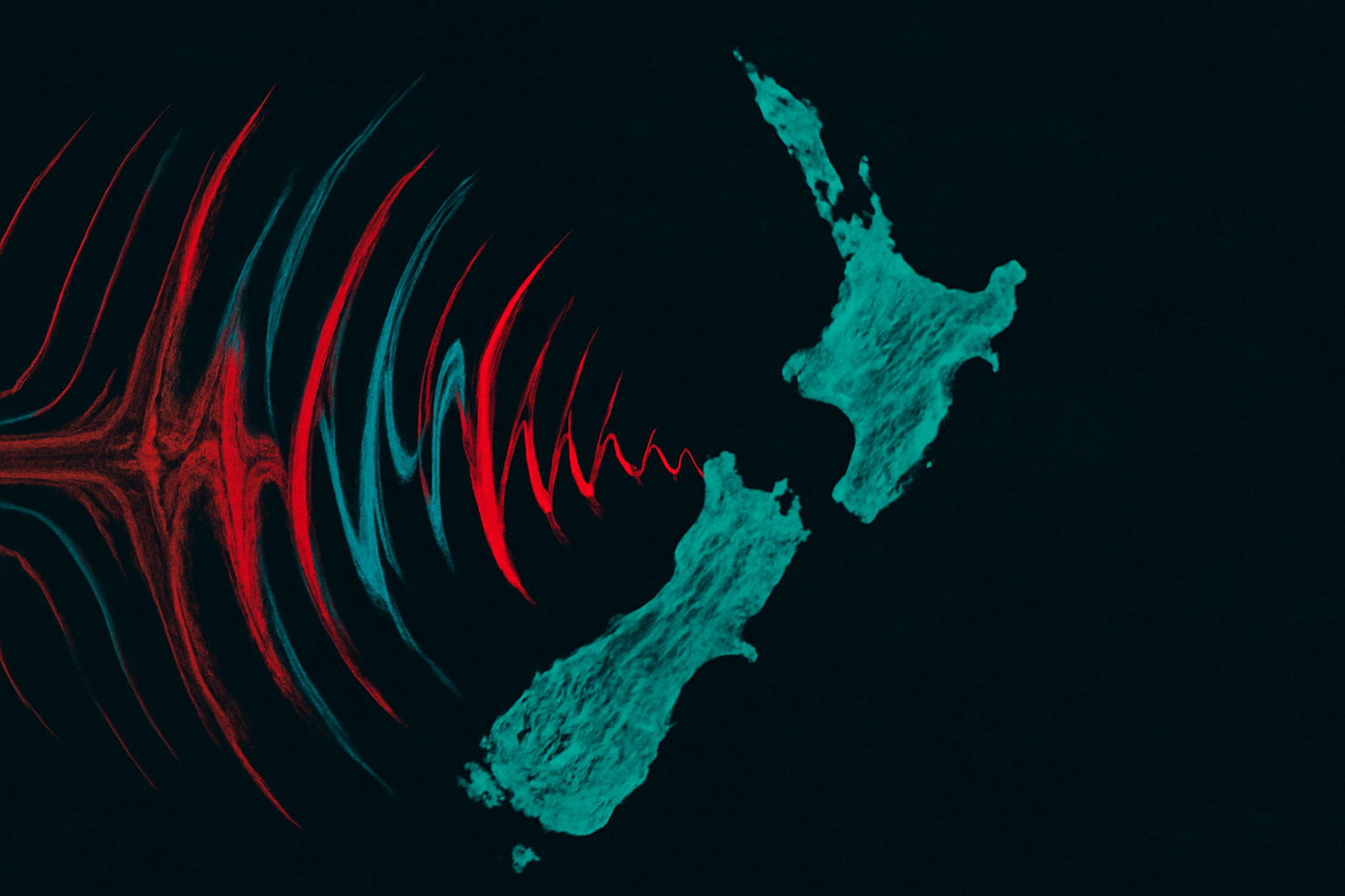 An illustration with flowing, inky brush strokes depicting abstract sound waves emanating from a stylized, dark blue and green topographical map of New Zealand.