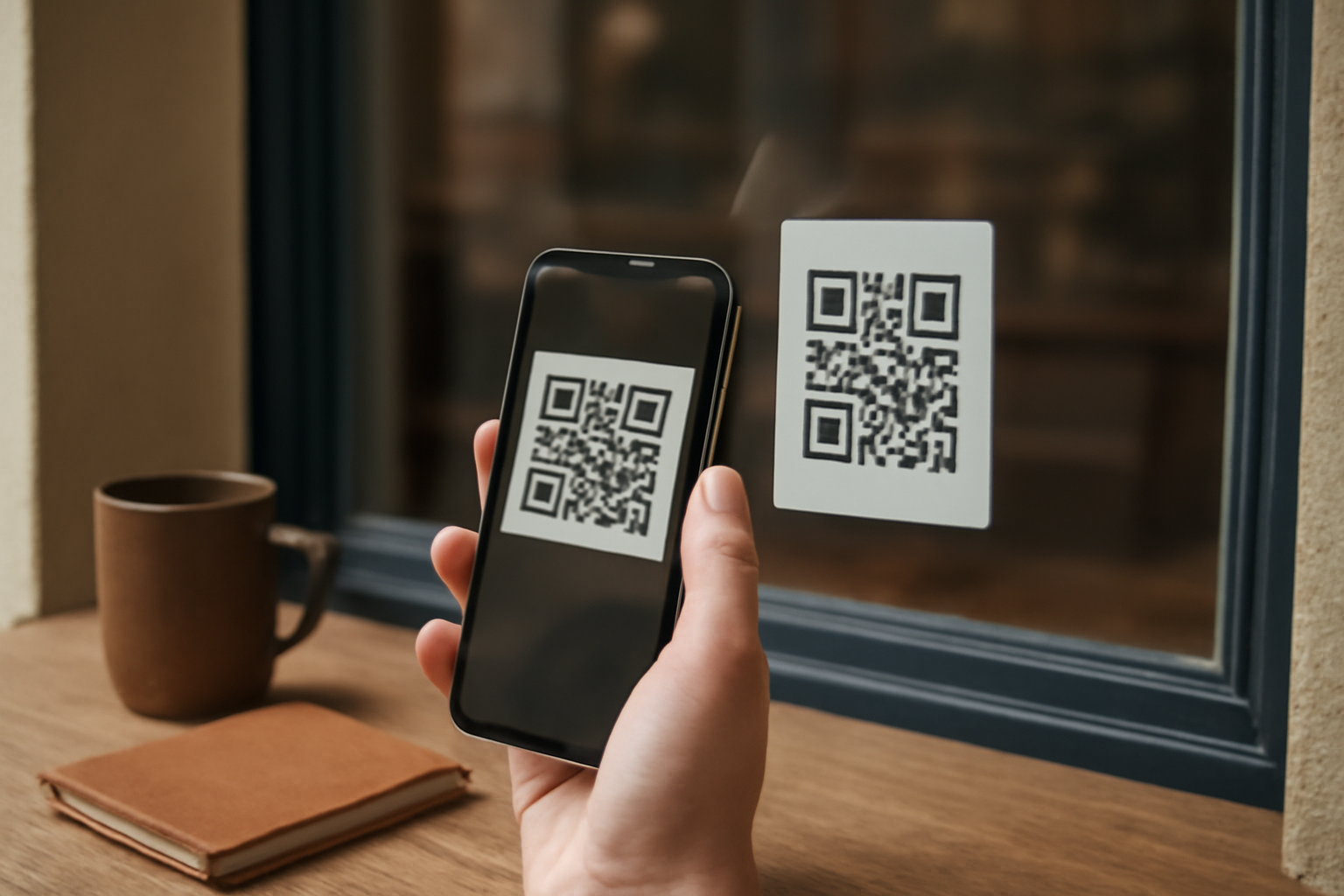 A hand holding a smartphone, its screen displaying a video recording, pointed towards a storefront window that has a QR code sticker.