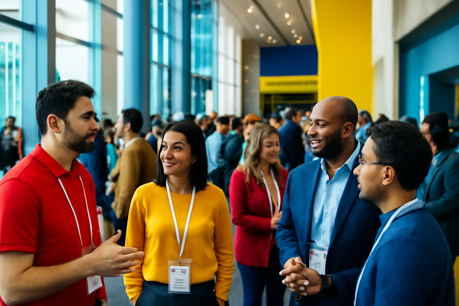 A photograph showing people networking and talking in a well-lit, contemporary conference hall with hints of a city backdrop through large windows.