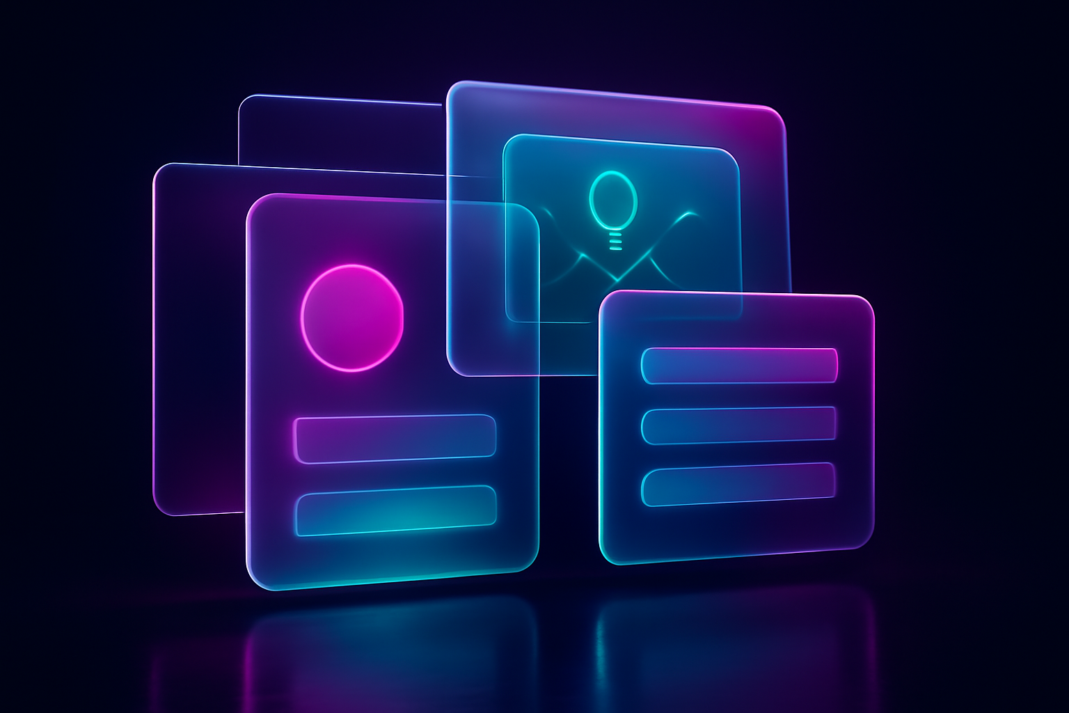 Several semi-transparent, stacked cards with soft neon outlines, suggesting digital information fields, floating against a dark, reflective background.