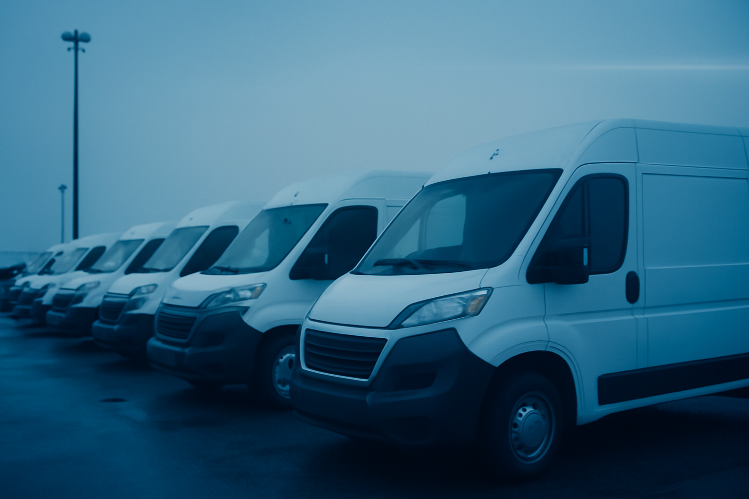 A neat row of unmarked white commercial service vans parked idle in an asphalt fleet yard at cold blue dawn.