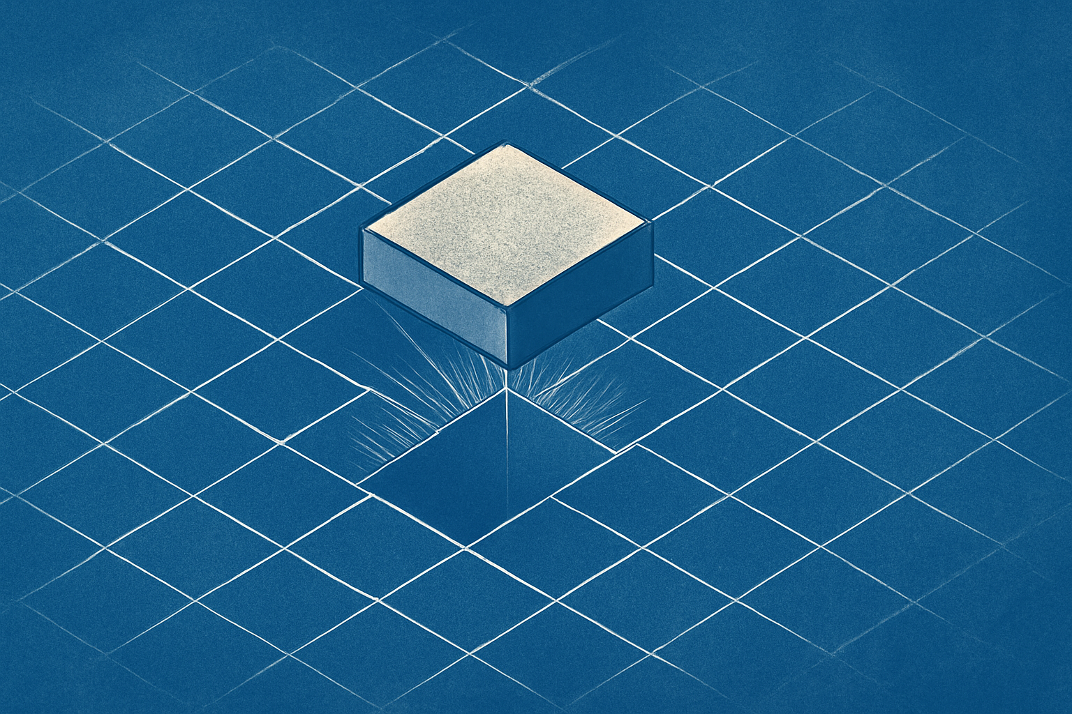 An isometric diagram showing a grid of identical blocks, with one block conspicuously missing, creating a void. Faint blue lines emanate from the empty space.
