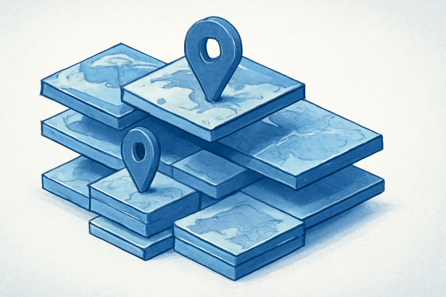 An exploded axonometric view of abstract, translucent 3D block shapes, some brightly lit and others faded, organized in a grid, representing regional data.