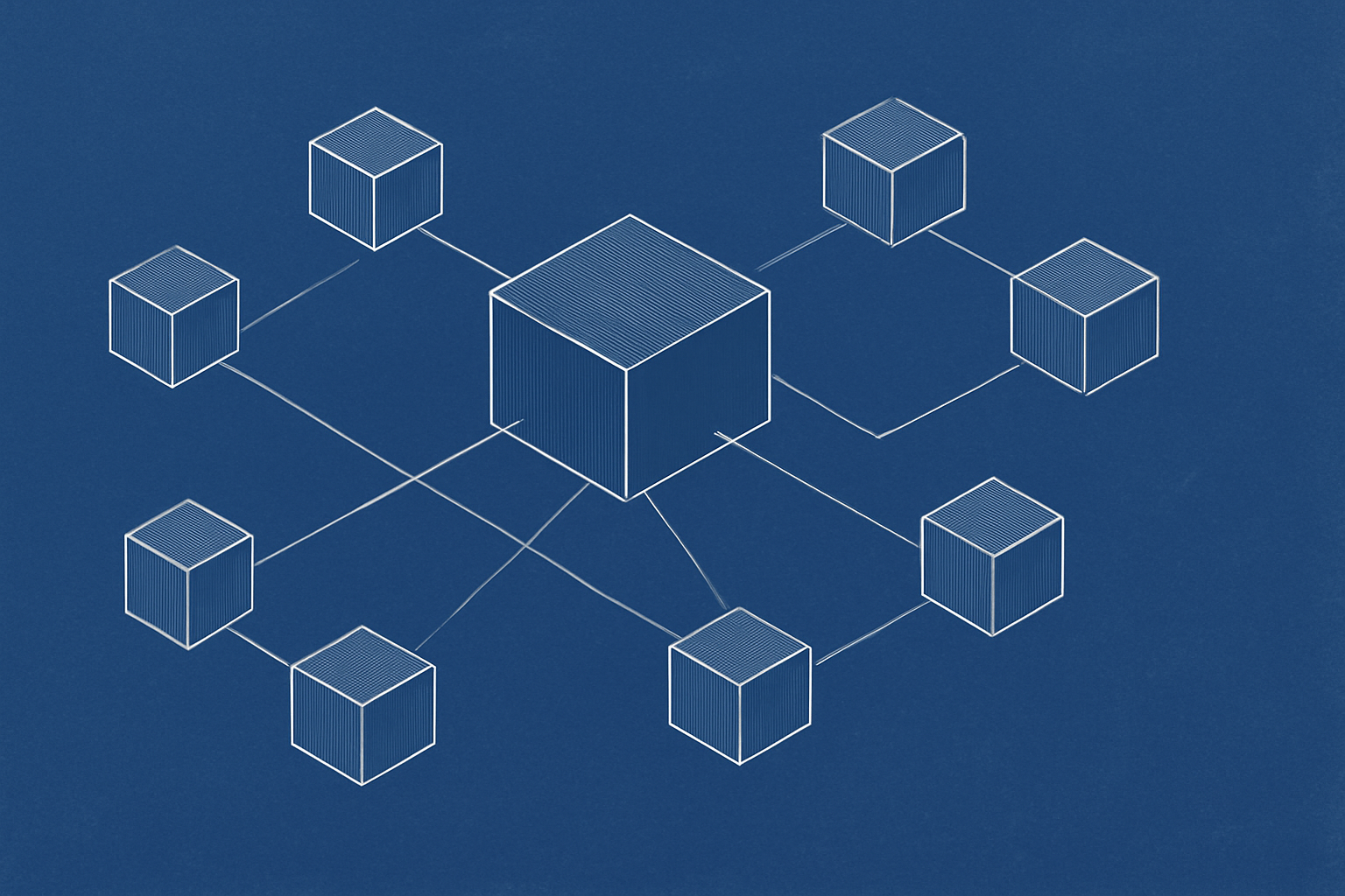 An isometric diagram featuring a network of interconnected abstract block-like entities, depicted with a cold blueprint color palette and precise lines.
