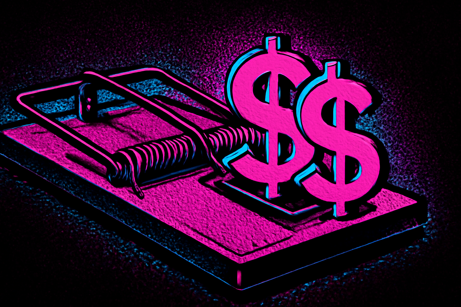 A stylized, pop-art illustration of a large mousetrap with several green dollar signs as bait, instead of cheese.