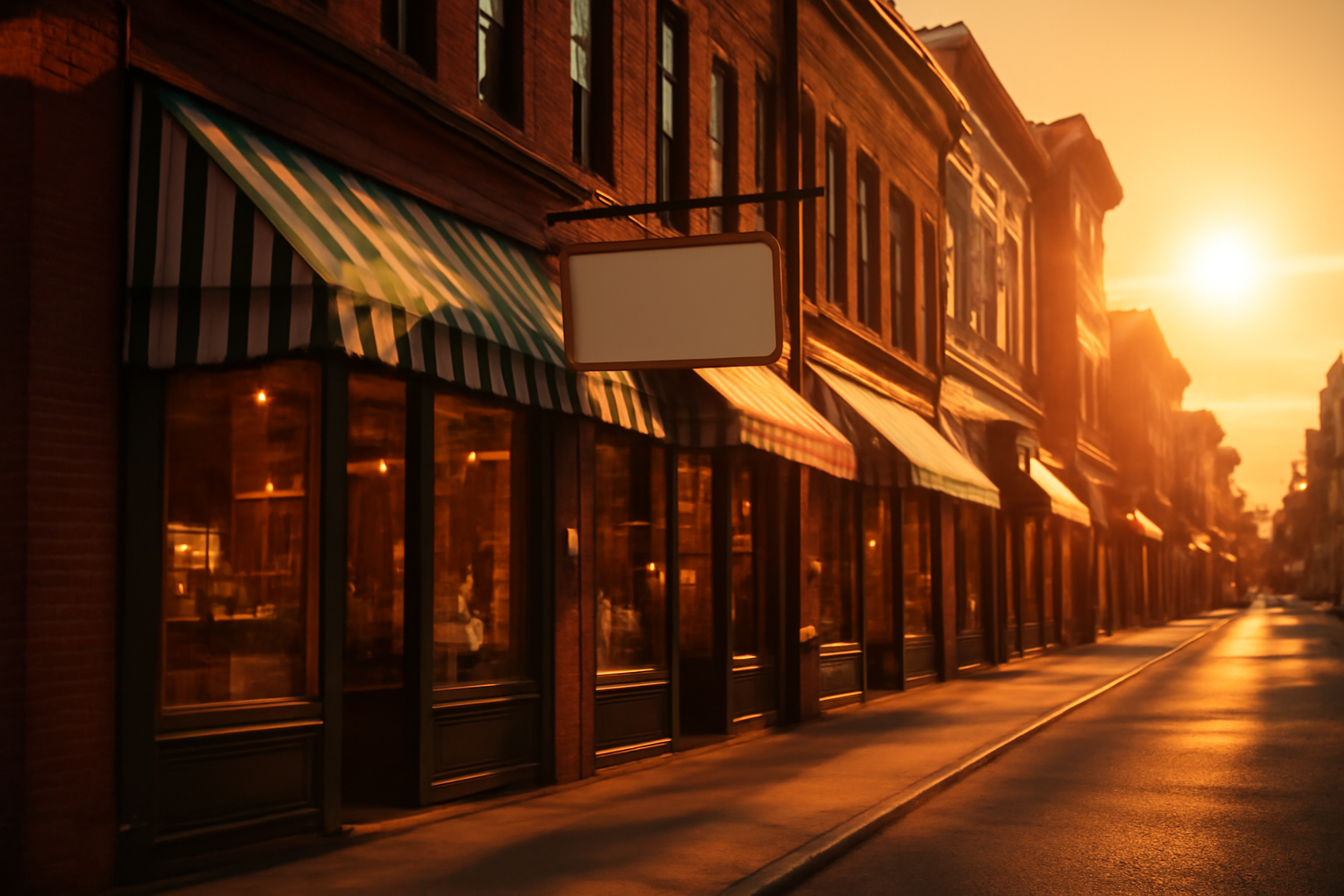 Cinematic wide-angle view of an urban commercial street lined with brick storefronts, awnings, and glowing display windows at golden hour.