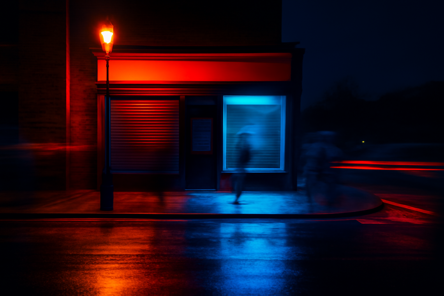 A long exposure photograph of a shop at dusk, with only faint lights visible inside and the glow of street lamps reflecting on a damp street.
