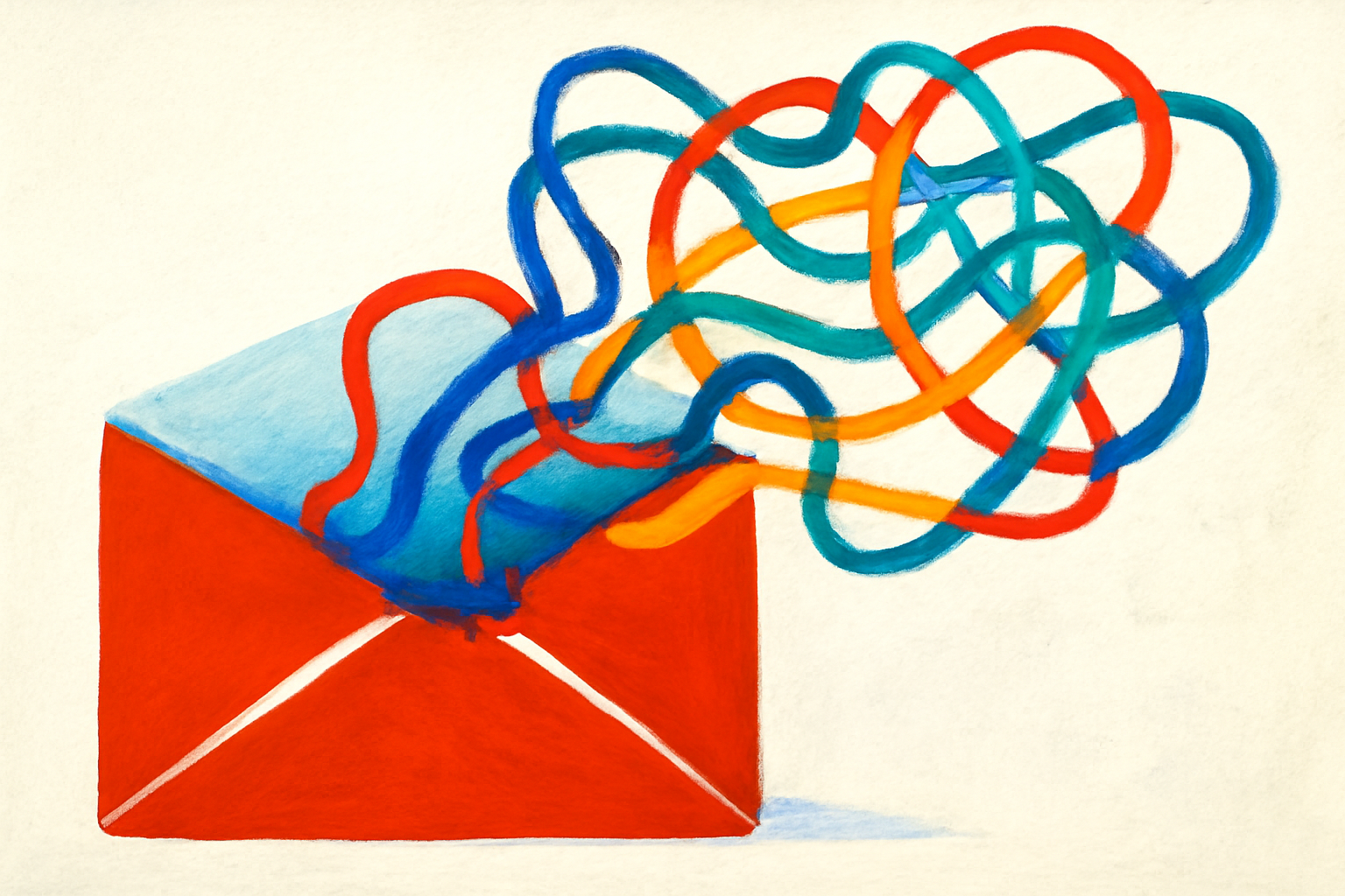 An illustration of a torn email envelope, with jagged edges and a swirling, disrupted data stream or network lines coming out of it, against a vivid background.