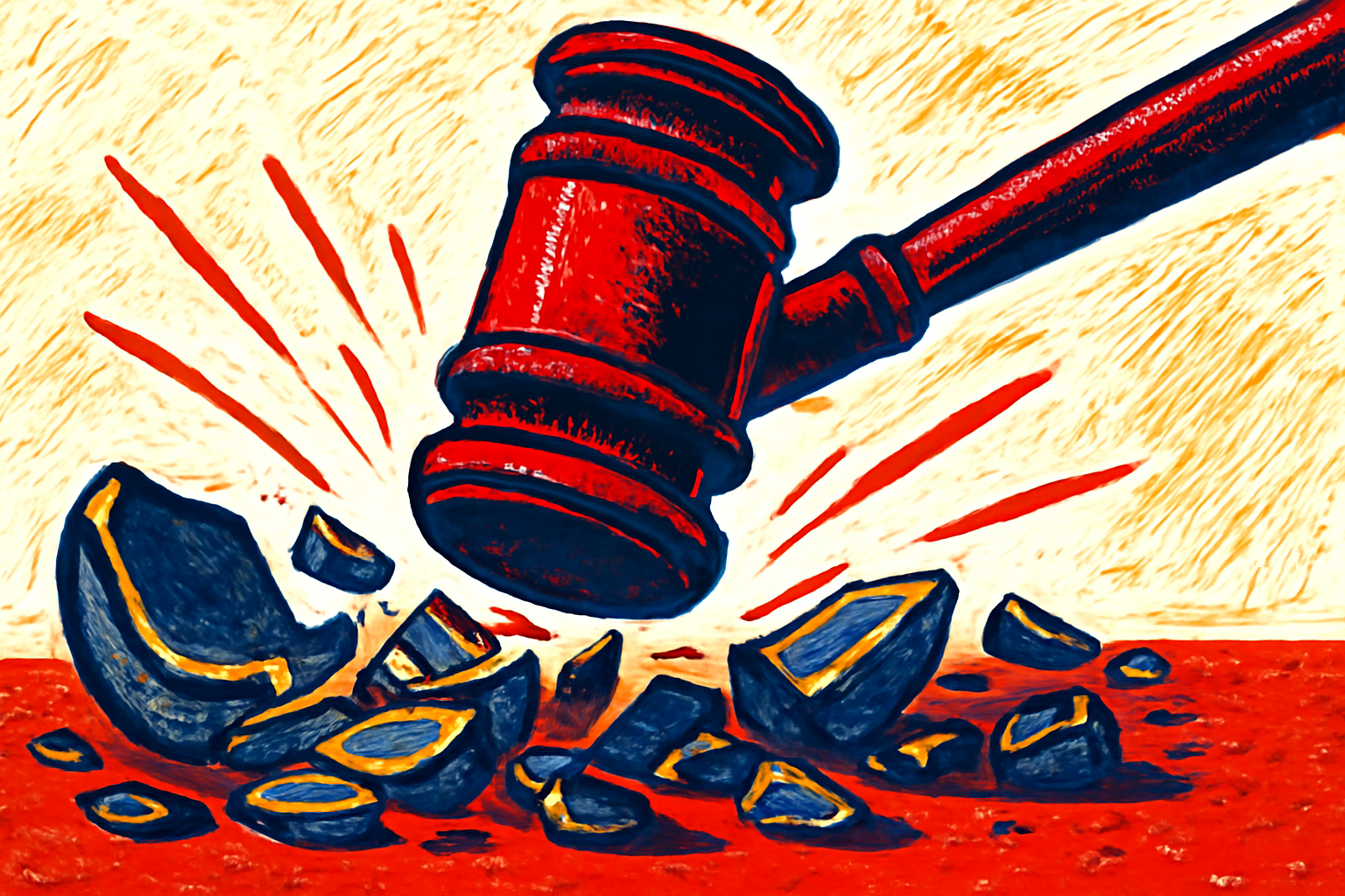 A stylized woodcut illustration of a large gavel descending onto a pile of ceramic shards, representing broken pieces of something shattered.