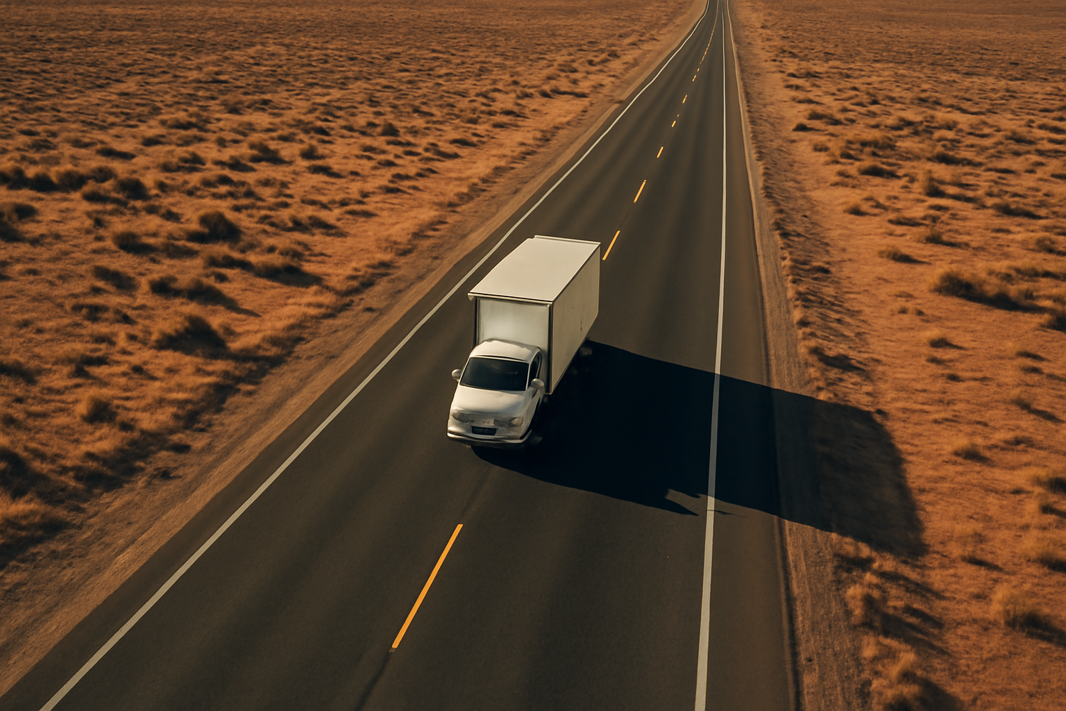A solitary moving truck driving on a long, empty desert highway as seen from a high drone perspective, with mountains in the far distance.