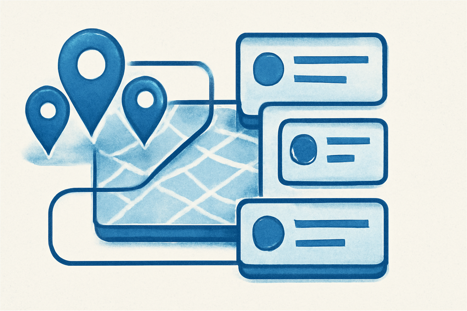 An overhead flat lay of various geometric shapes representing map elements like pins and routes, some partially overlapping on a cool blue background.