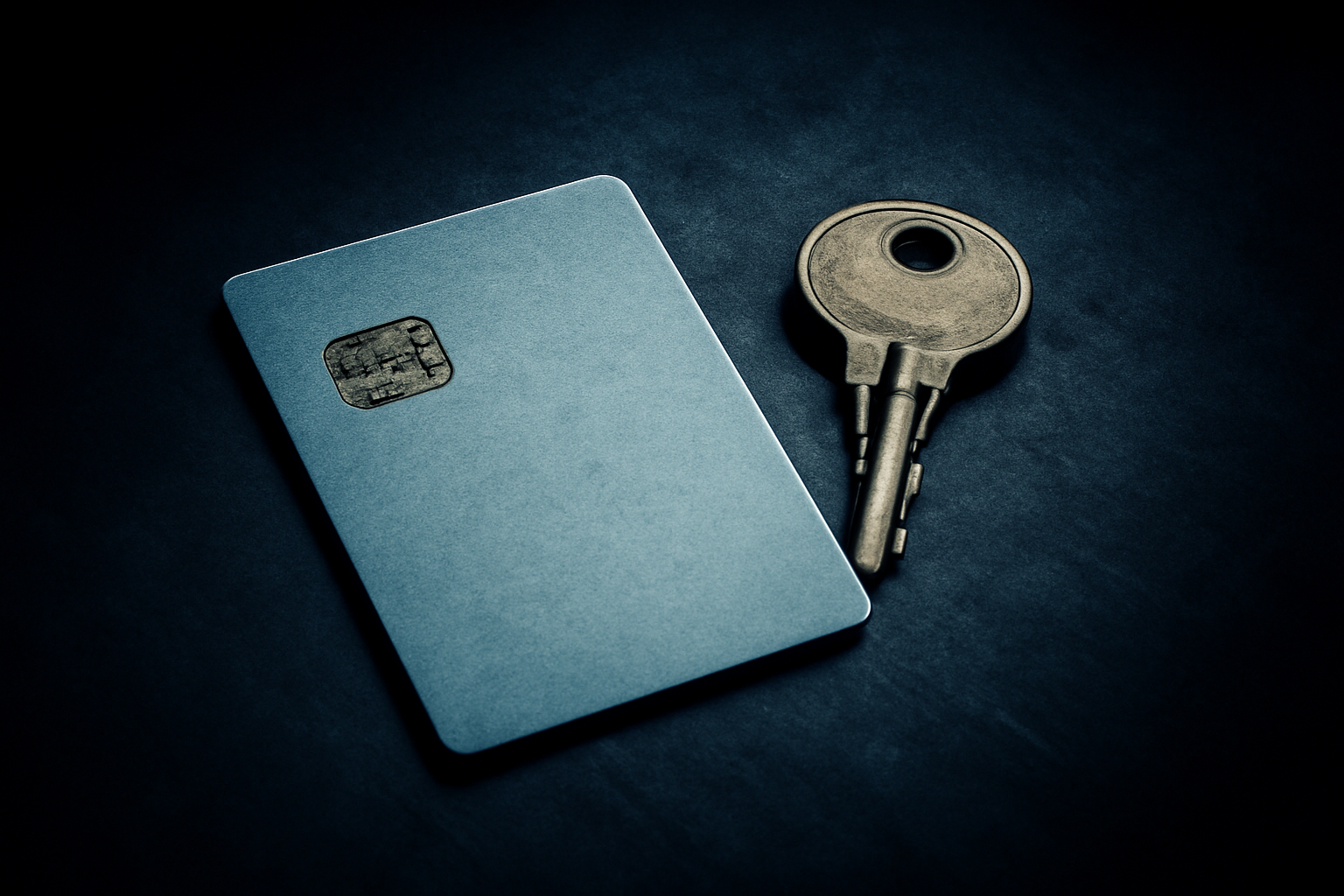 A blank microchip identity card and a single brass door key lit by raking light on a dark brushed steel table.