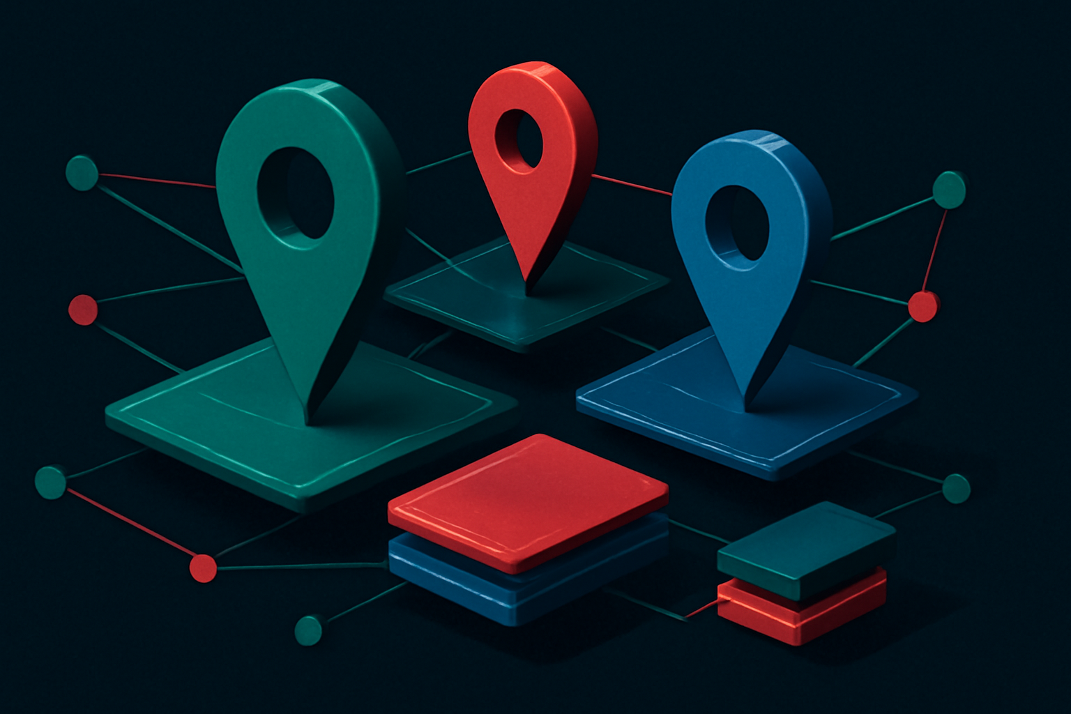 An exploded axonometric view of abstract, glowing grid points, some connected by lines, against a deep jewel-toned background.