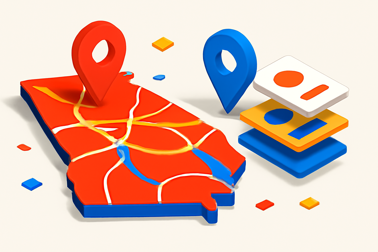 An exploded axonometric view of a stylized map of Georgia, showing abstract roads and pin-like elements separated and suspended, on a clean background.