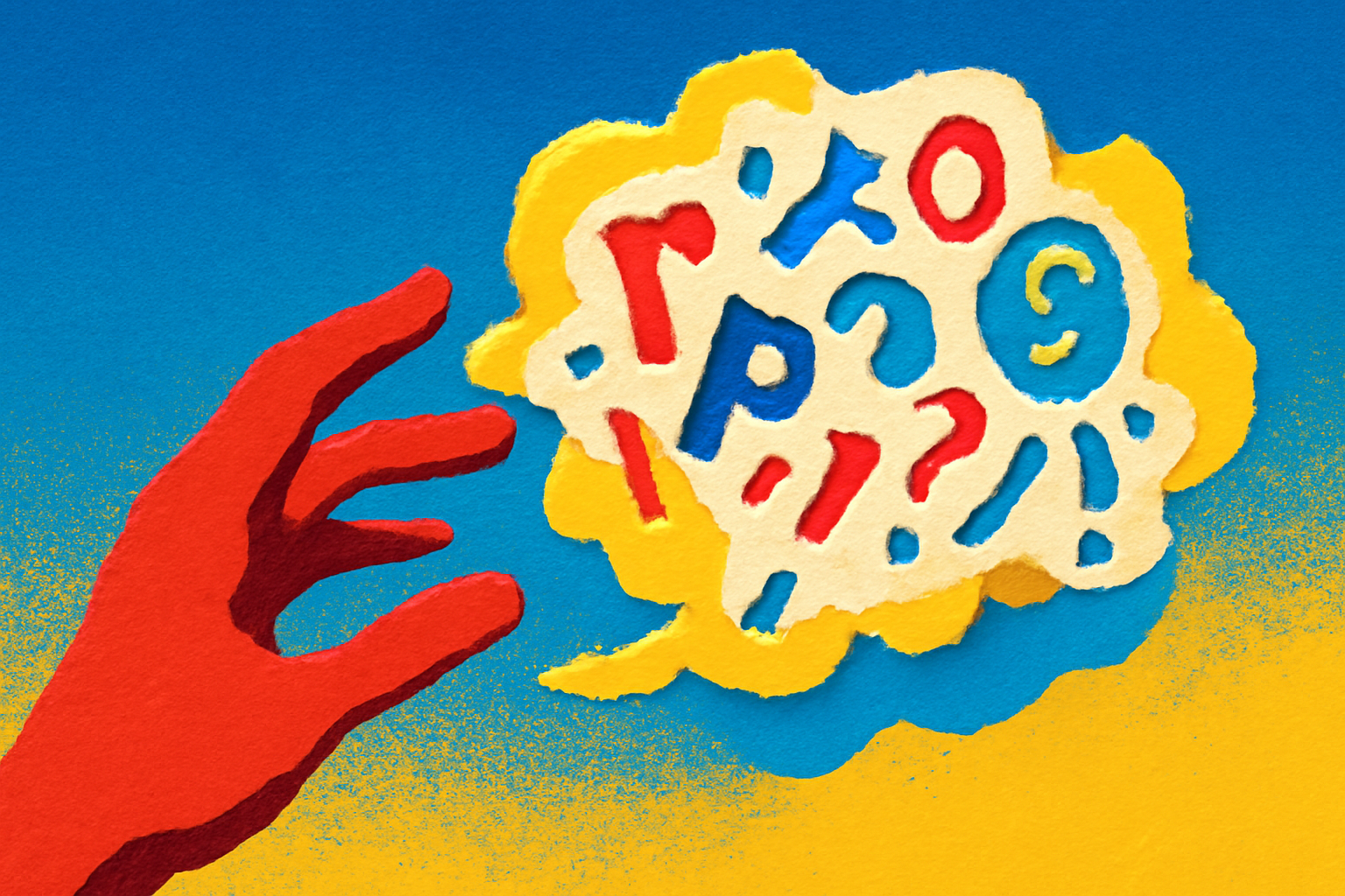 A collage-cutout illustration depicting a hand reaching towards a brightly colored, abstract cloud composed of various fragmented letters and symbols.