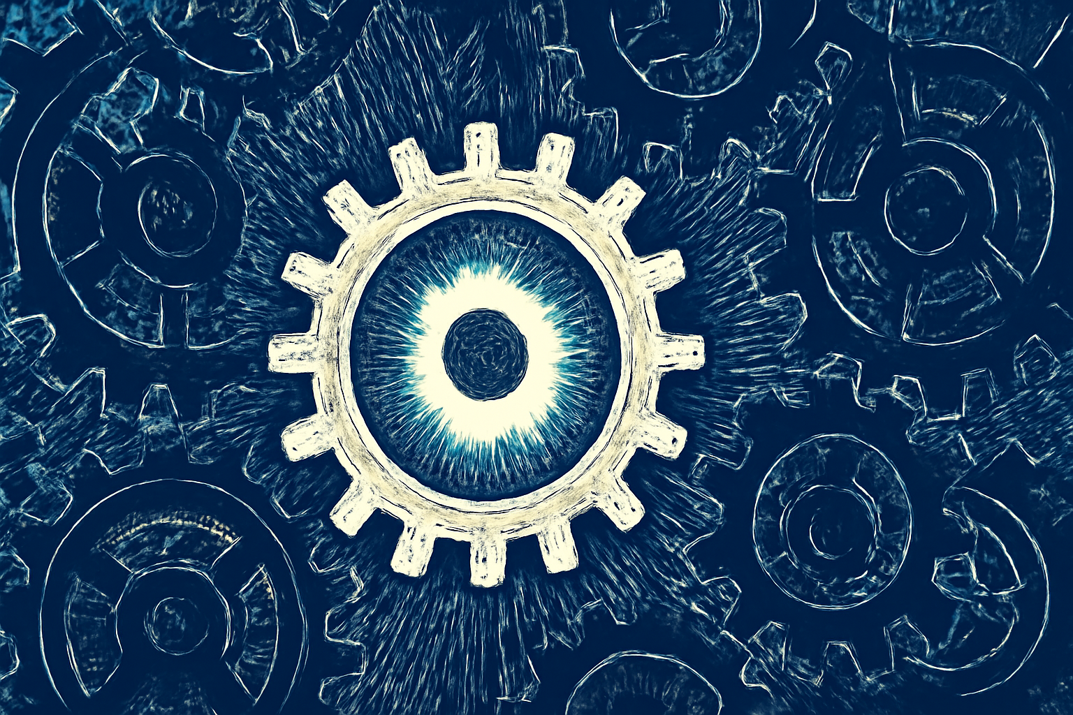 An intricate woodcut illustration of various gears and cogs, with one central gear glowing brightly, suggesting a detailed but emerging system.