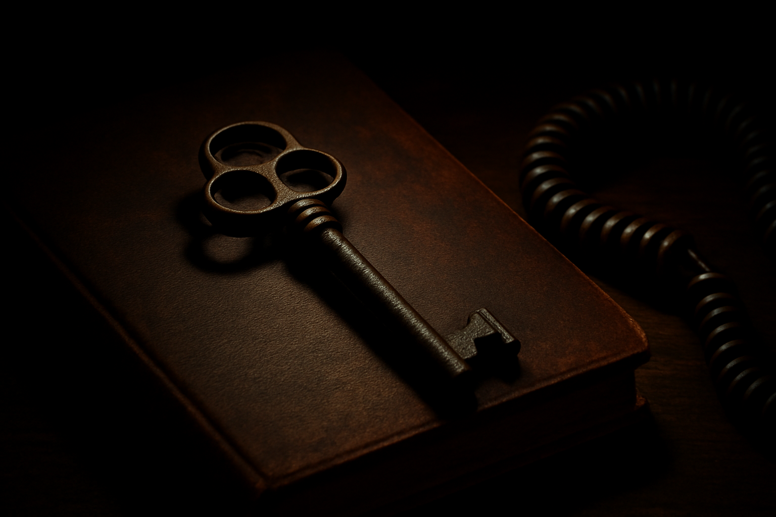 A heavy cast-iron key resting atop an unmarked leather-bound ledger beside a coiled telephone cord on a dark mahogany surface.
