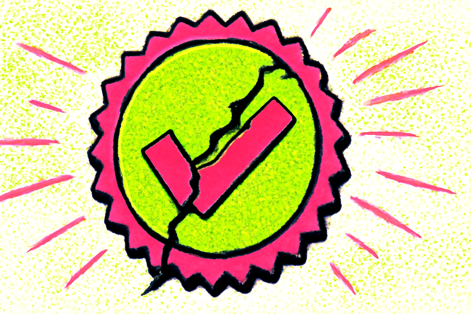 A graphic illustration using a halftone pop art style, showing a fragmented or ripped seal, implying broken trust or invalidation.