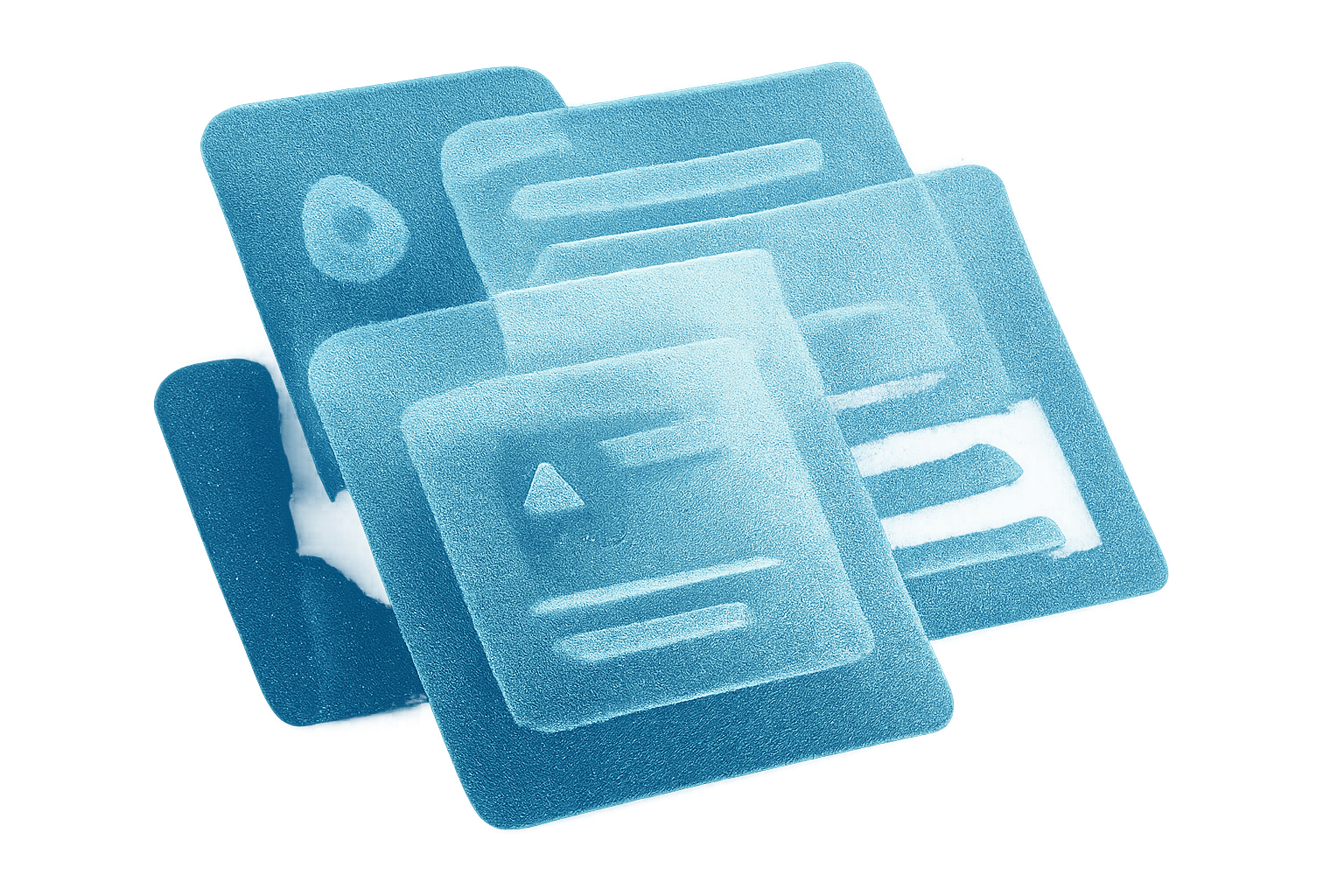 Close-up of a series of overlapping, translucent, glass-like digital cards or panels, slightly angled and stacked, creating a sense of depth and fluidity.