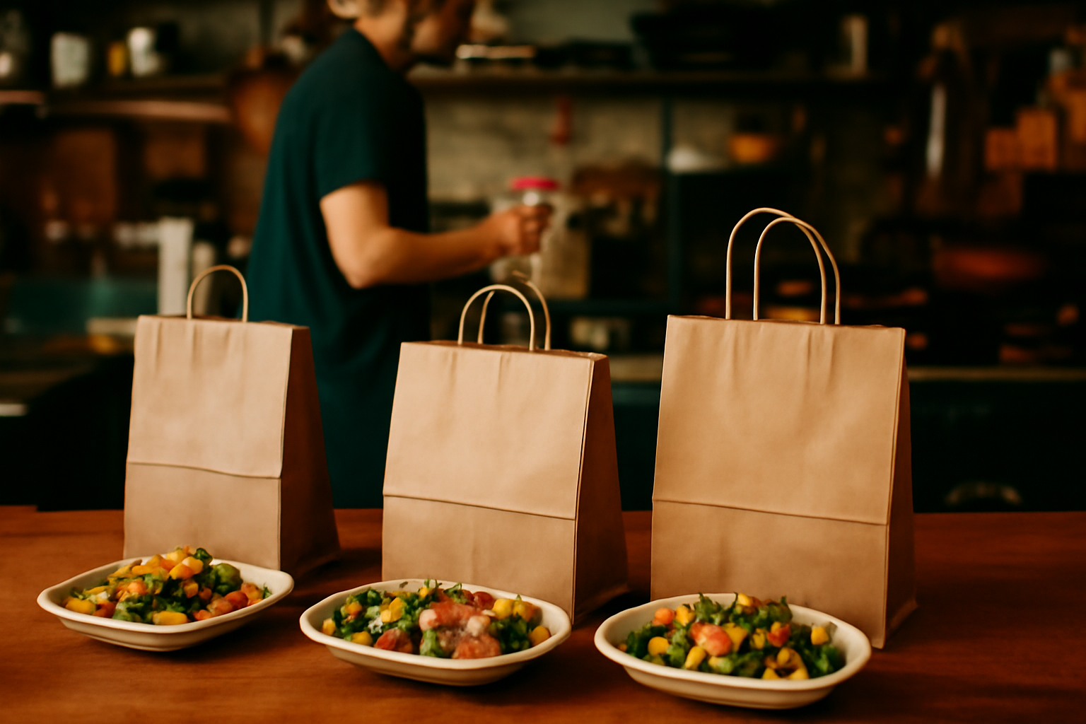 A row of brown paper takeaway food bags and freshly prepared culinary dishes arranged along a wooden restaurant counter under warm ambient lighting.