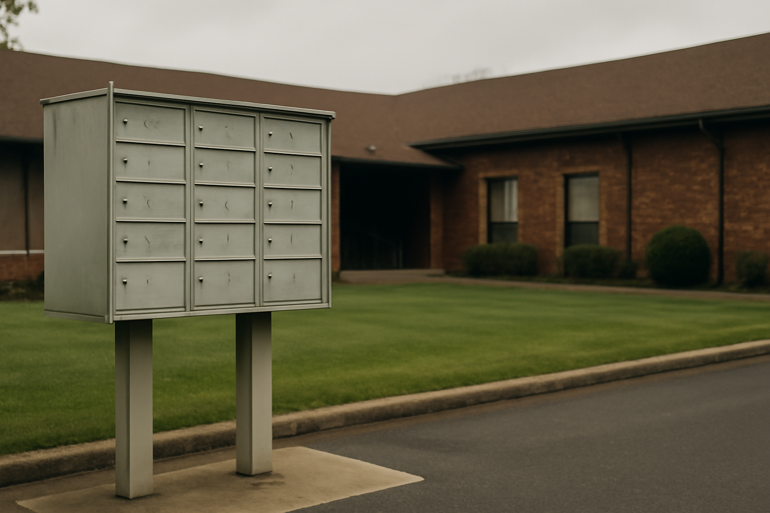 A row of metallic communal mailboxes stands beside a trimmed lawn outside a quiet brick suburban residential community.
