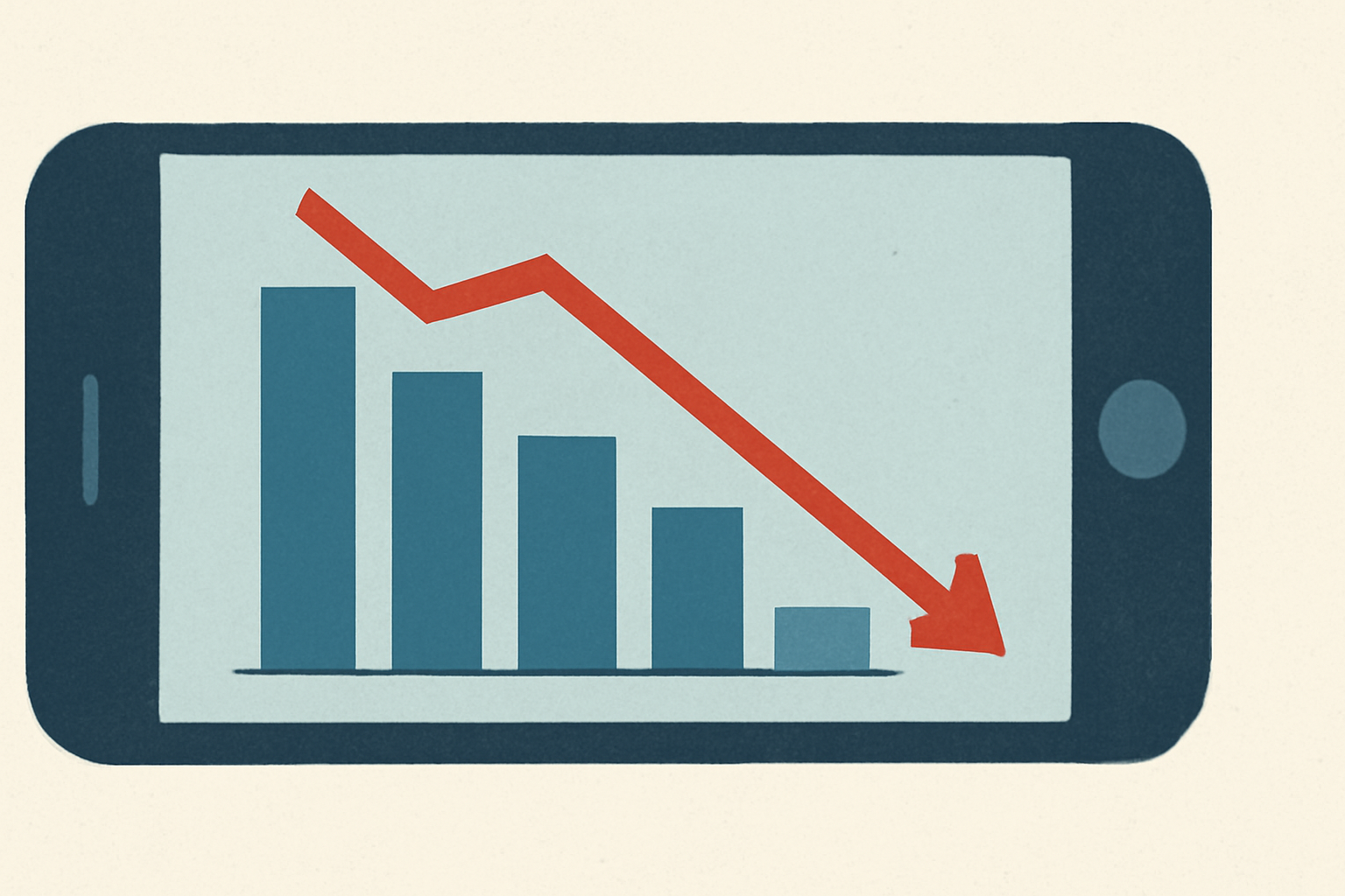 An abstracted illustration showing a downward-trending line graph and descending bar chart within the outline of a mobile phone, indicating a decline.