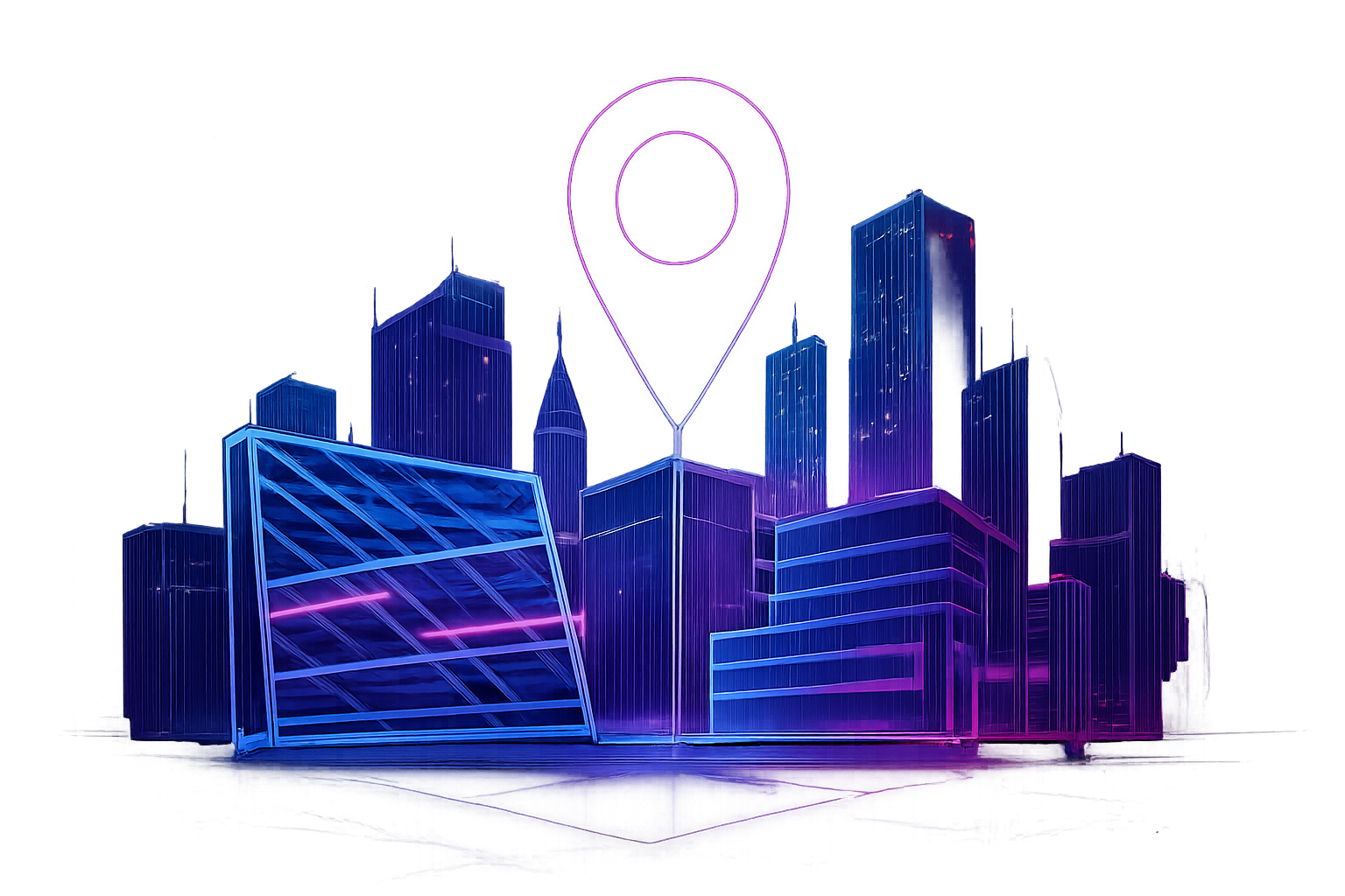 An abstract 3D city rendered in brilliant neon wireframe lines, with complex buildings stretching toward the top of the frame and a dark, moody background.