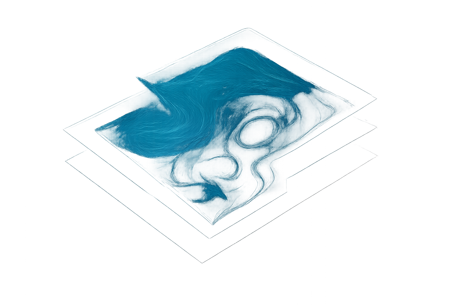 Translucent frosted glass panels floating in tiers, etched with smooth topographic ocean curves and geometric boundary lines in deep sapphire and teal lighting.