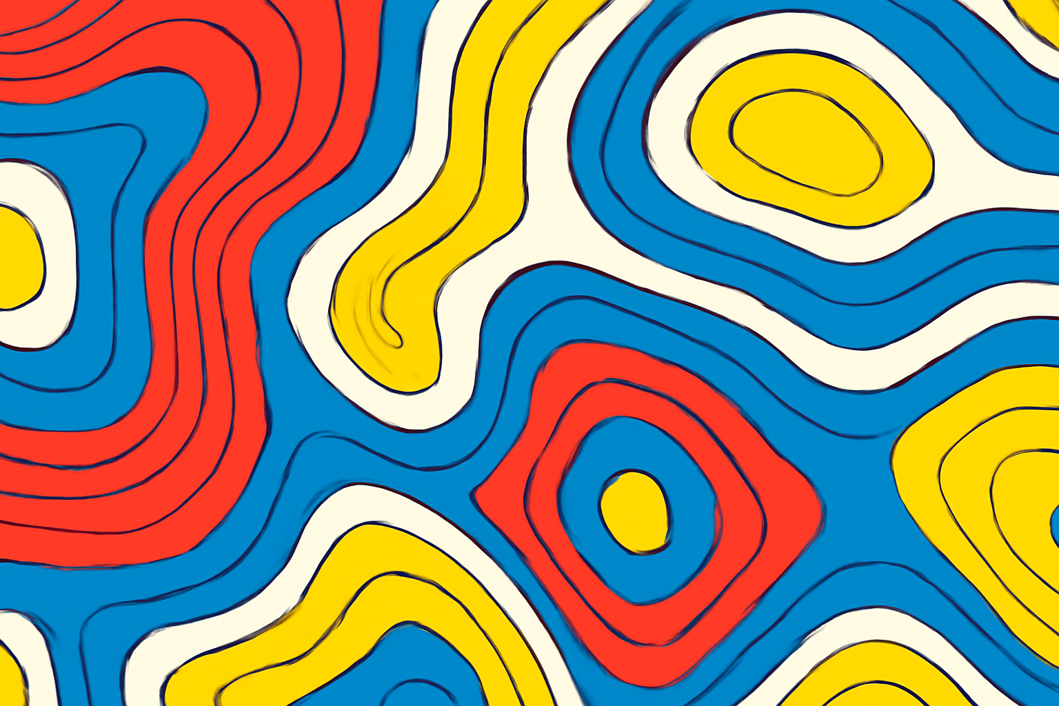 An abstract topographic map with concentric, brightly colored contour lines that vary in width and density, suggesting changes in data values over a surface.