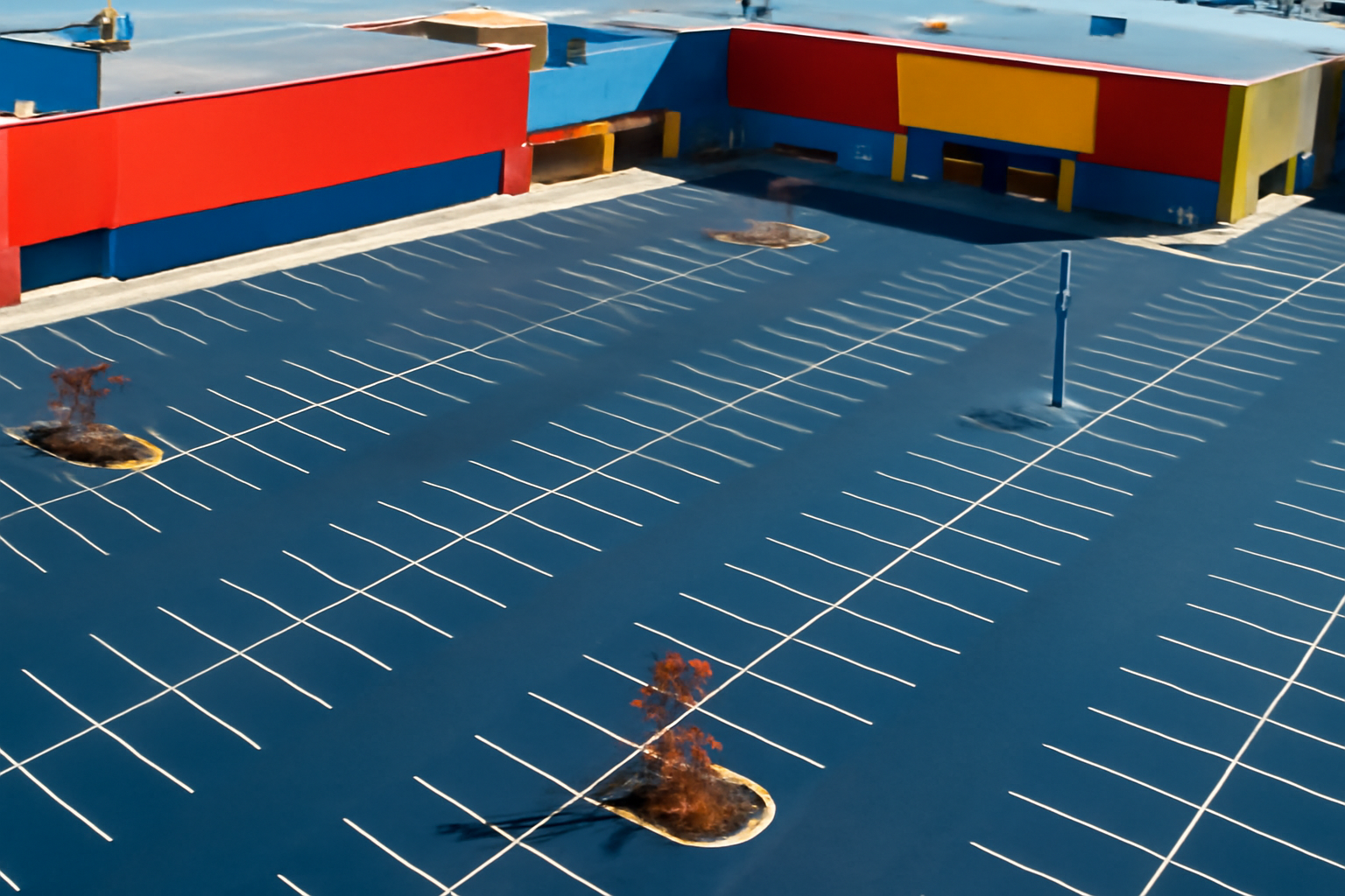 An aerial, top-down view of a large, empty parking lot in front of a sprawling retail shopping center, with only a few cars visible