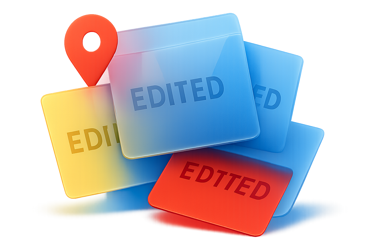 A stylized abstract rendering of layered, translucent cards with blurred elements, suggesting evolving or edited information.