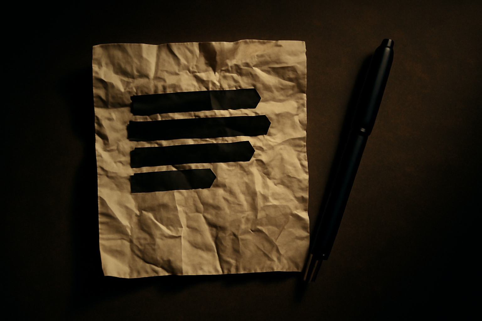 Close-up of a crumpled piece of paper with some text obscured by redaction marks, next to a black ballpoint pen, all dramatically lit with deep shadows.