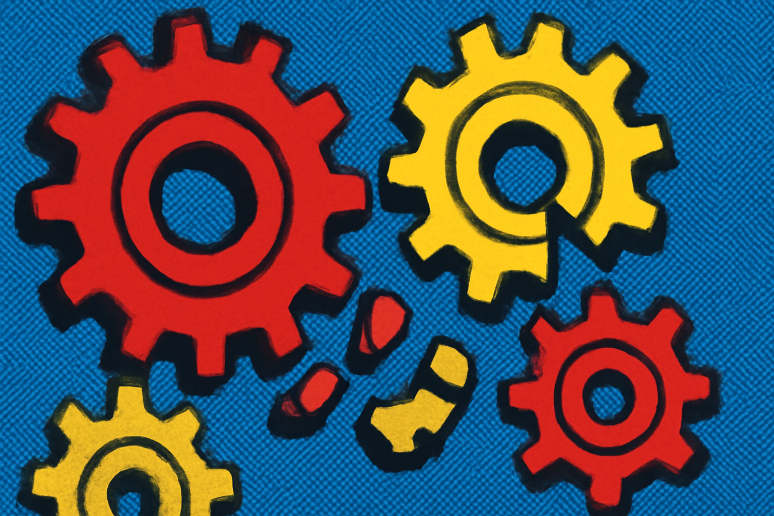 Close-up of several brightly colored gears and cogs, some clearly broken or dislodged from their proper alignment, creating a sense of mechanical failure.