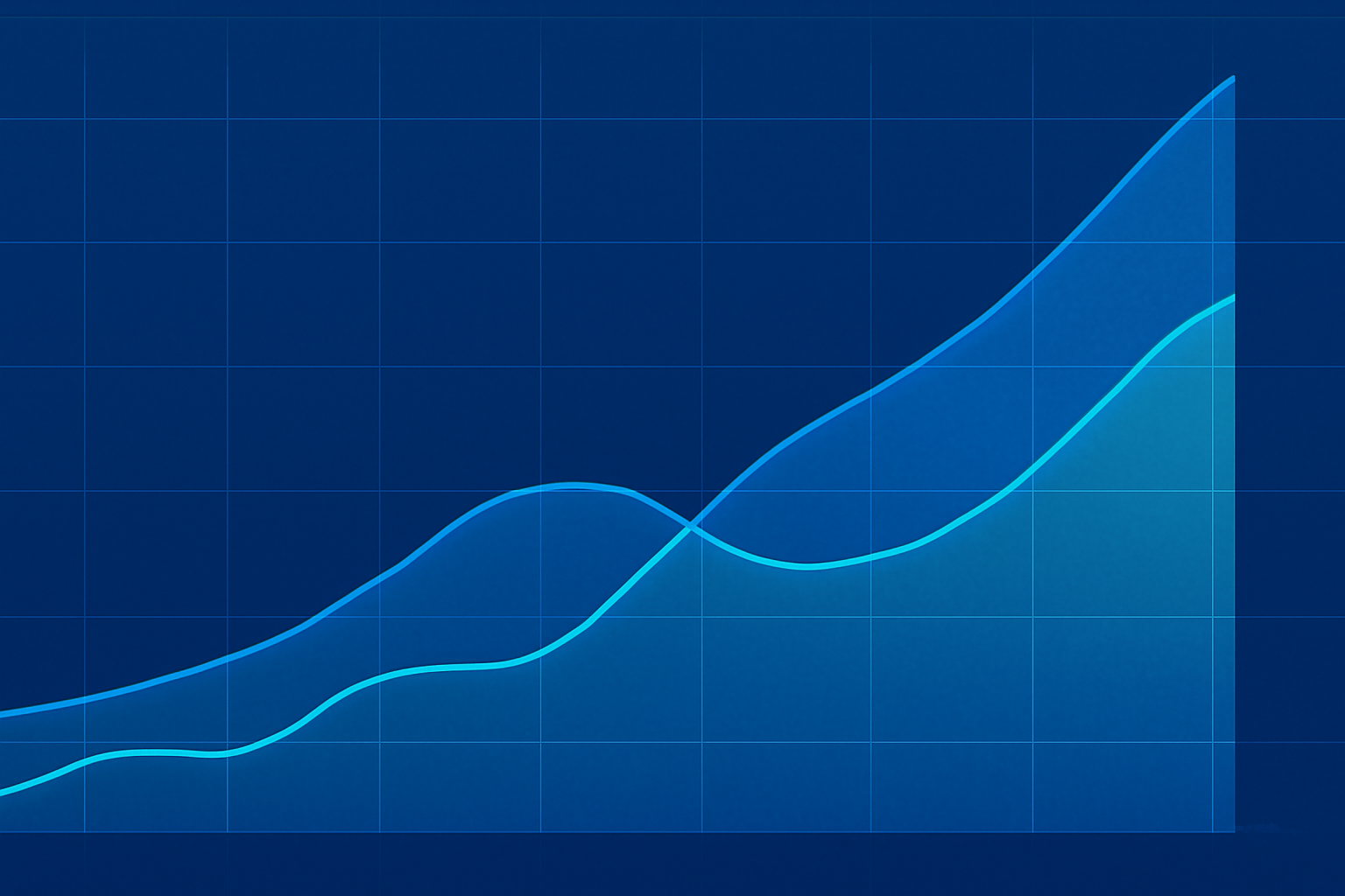 Two intersecting and diverging line graphs overlaid on a dark blue background with grid lines, one rising steeply and the other showing less volatility.