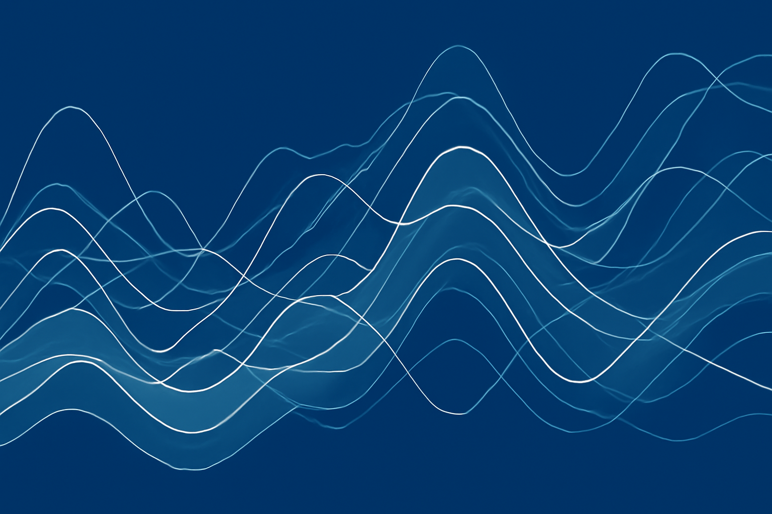 A data graphic featuring multiple blue and white flowing line charts that are intertwined in some areas and spread out in others, on a dark blue background.